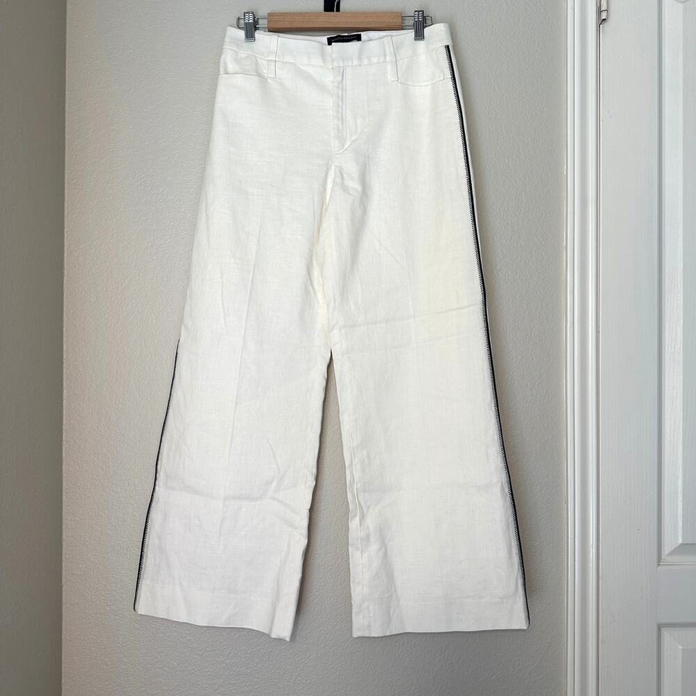 Banana Republic White Wide Leg Pants Cotton Linen Side Stripe, Coastal Classic 4 - Picture 2 of 10